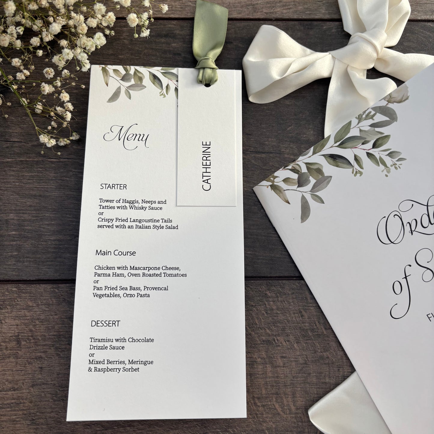 Menu Cards with Botanical Desing, Hole & Option of Place Card and Ribbon / Style Fiona