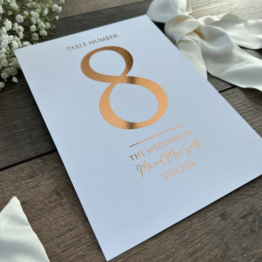 Foiled Wedding Table Numbers - Personalised with Couple's Names and Date / Style Eva