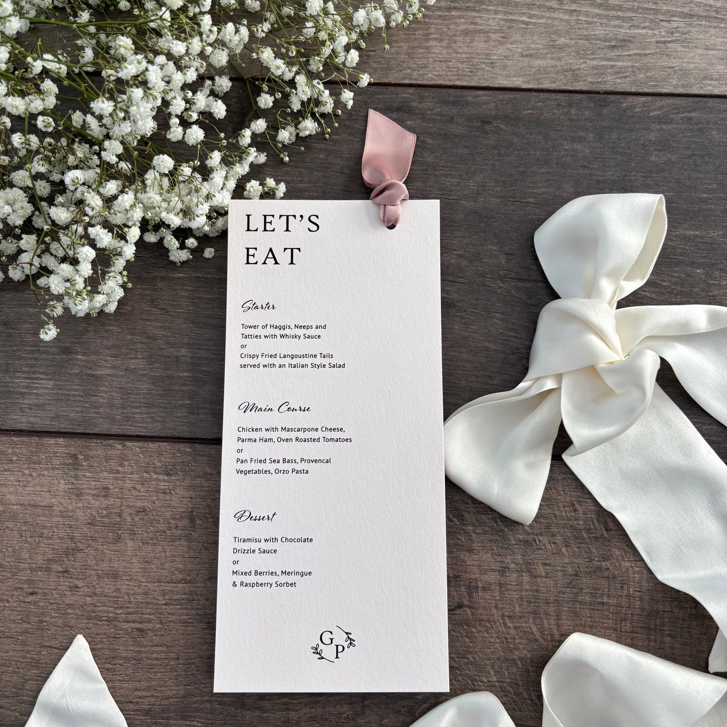 Menu Cards with Hole & Option of Place Card and Ribbon / Style Grace