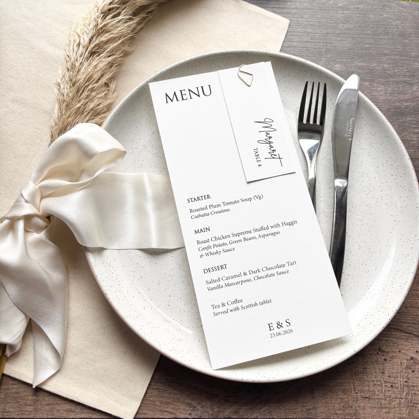 EVA - Printed Menu Cards (with option of place card and clip add on)