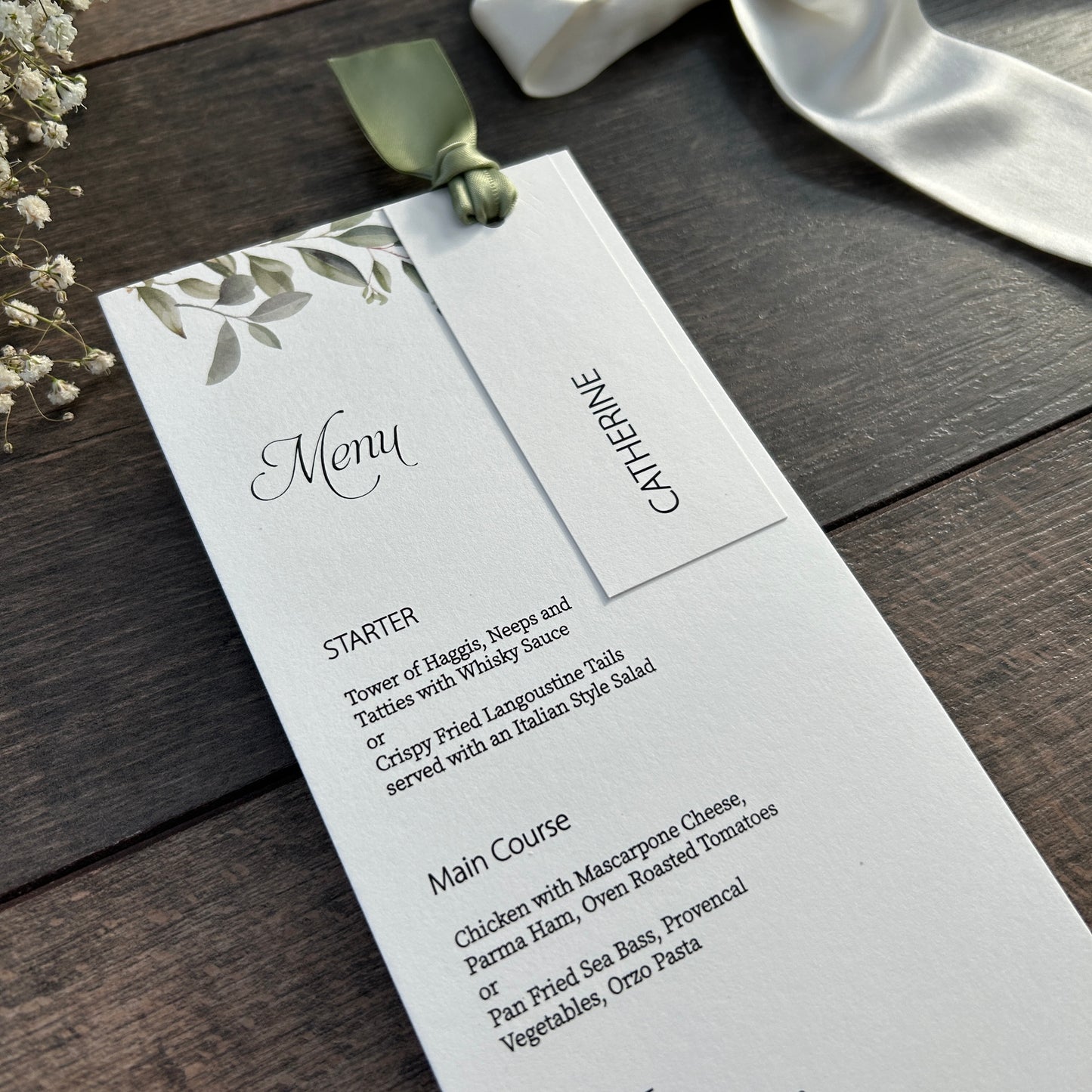 Menu Cards with Botanical Desing, Hole & Option of Place Card and Ribbon / Style Fiona