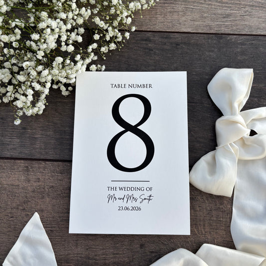 Wedding Table Numbers Printed Sign - Personalised with Couple's Names and Date / Style Eva