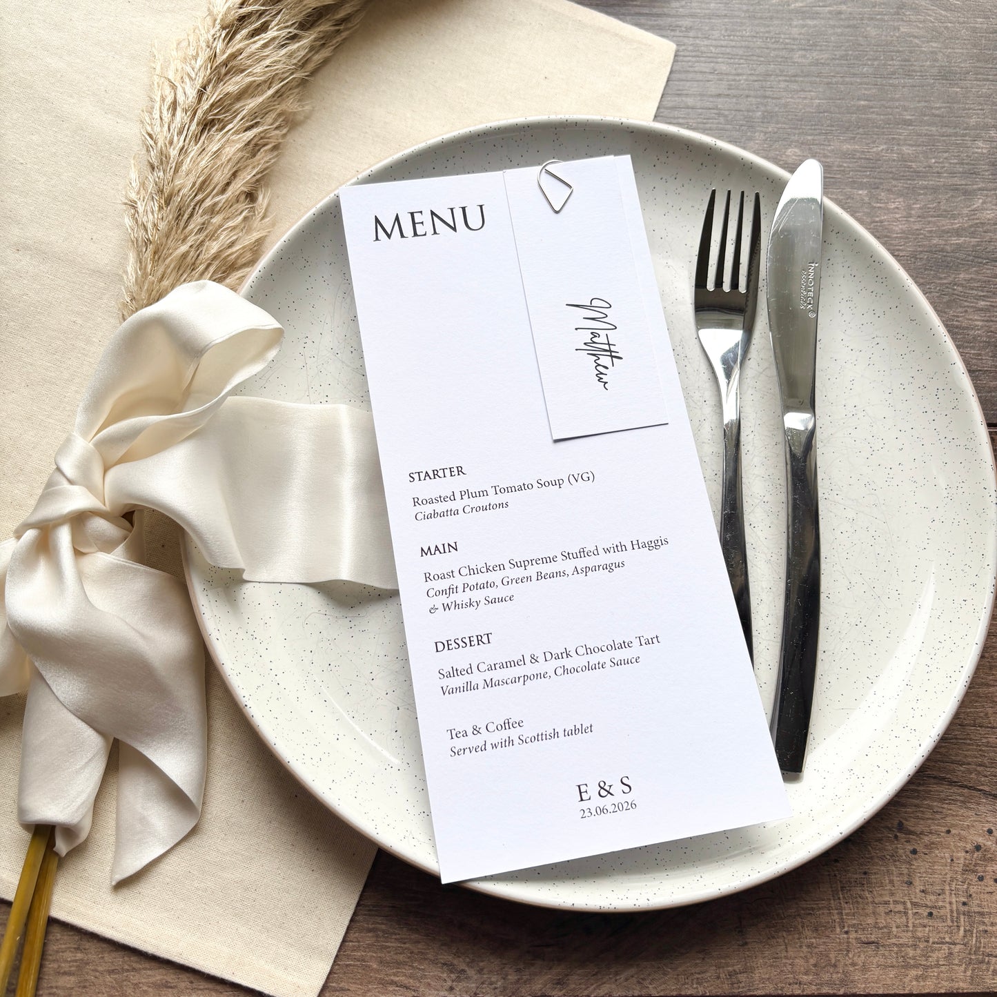 EVA - Printed Menu Cards (with option of place card and clip add on)