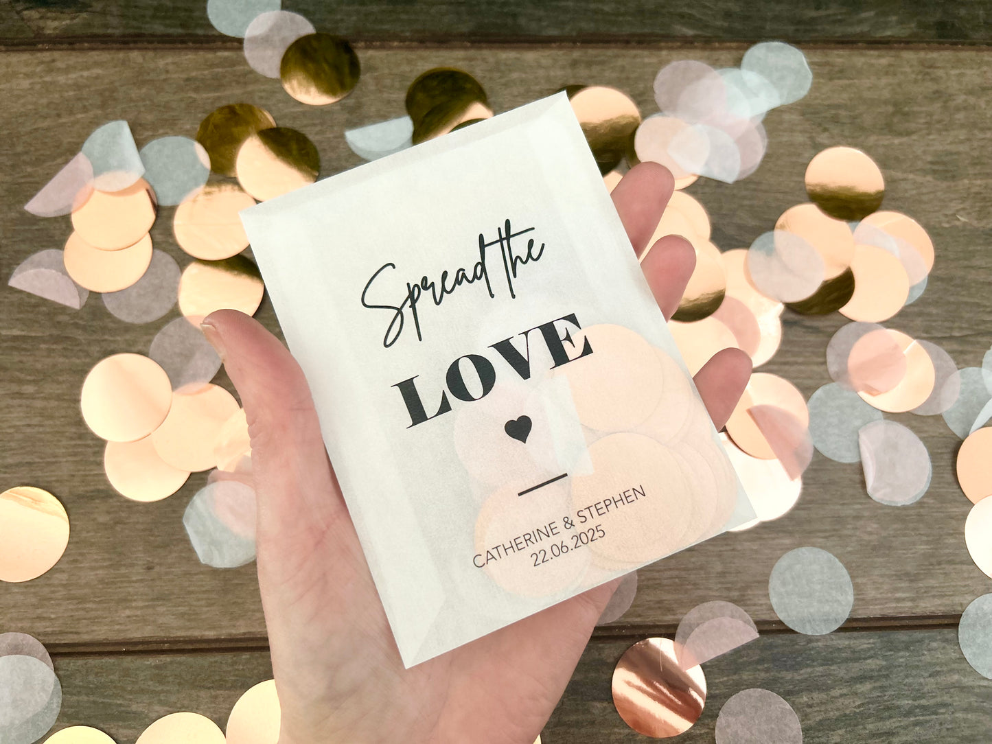 Spread the love bold font black printed personalised confetti bags
