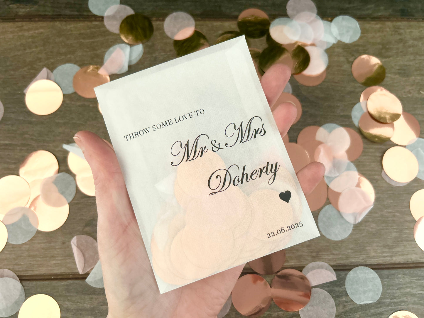 Throw some love italic font black print personalised confetti bags