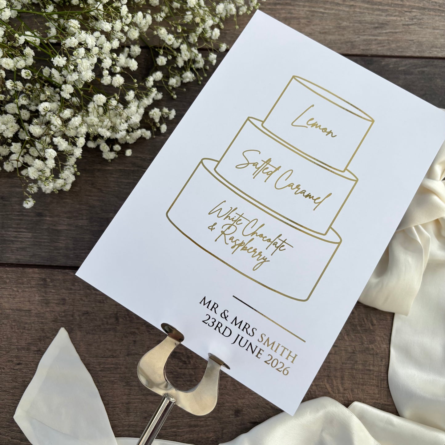 Wedding Cake Foiled Sign with Personalised Flavours / Style Eva