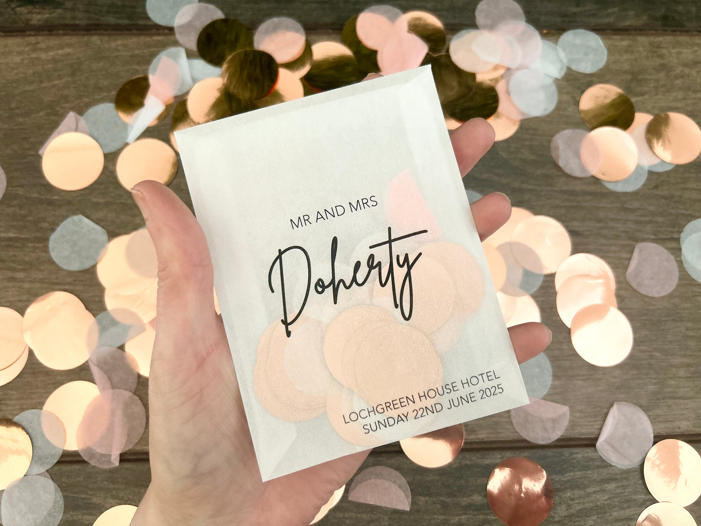 Mr & Mrs handwriting font black print personalised confetti bags