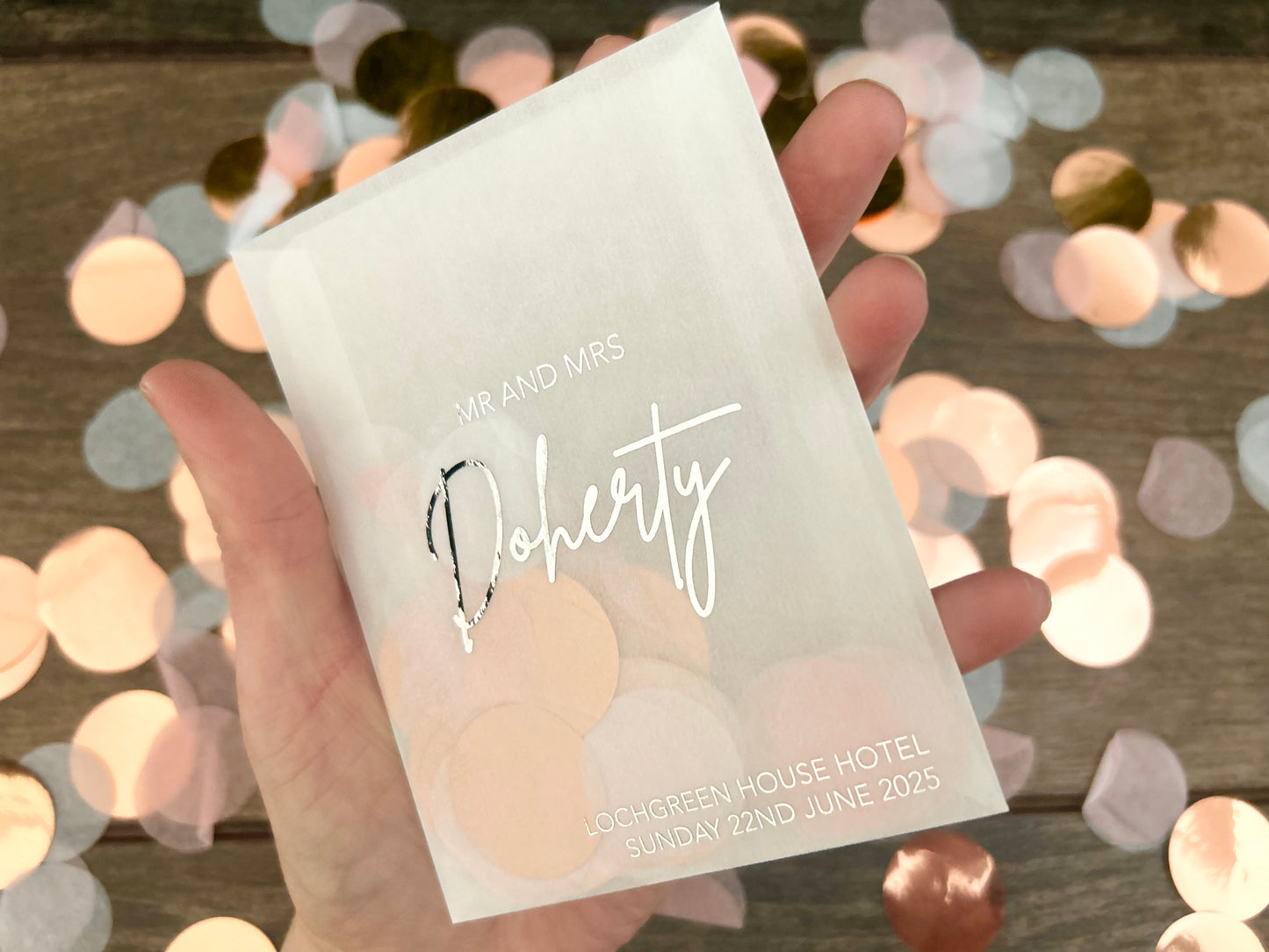 Mr and Mrs handwriting font personalised foiled confetti bags