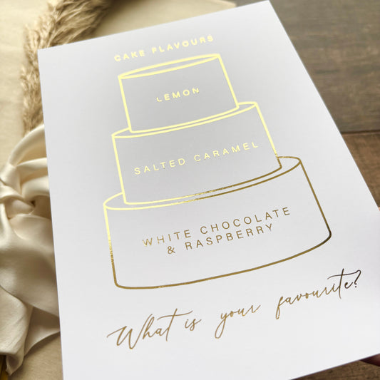 Wedding Cake Foiled Sign with Personalised Flavours / Style Ari