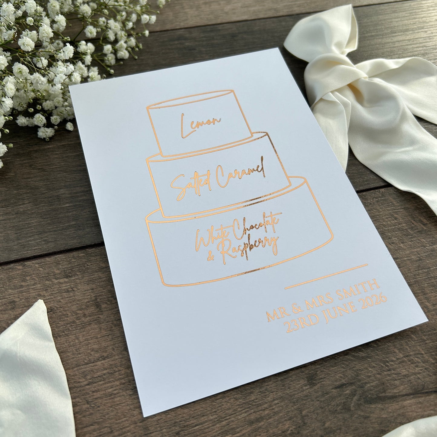 Wedding Cake Foiled Sign with Personalised Flavours / Style Eva