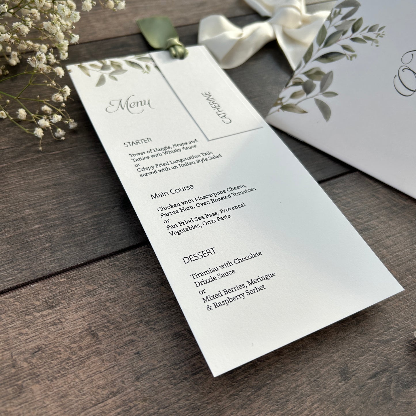 Menu Cards with Botanical Desing, Hole & Option of Place Card and Ribbon / Style Fiona