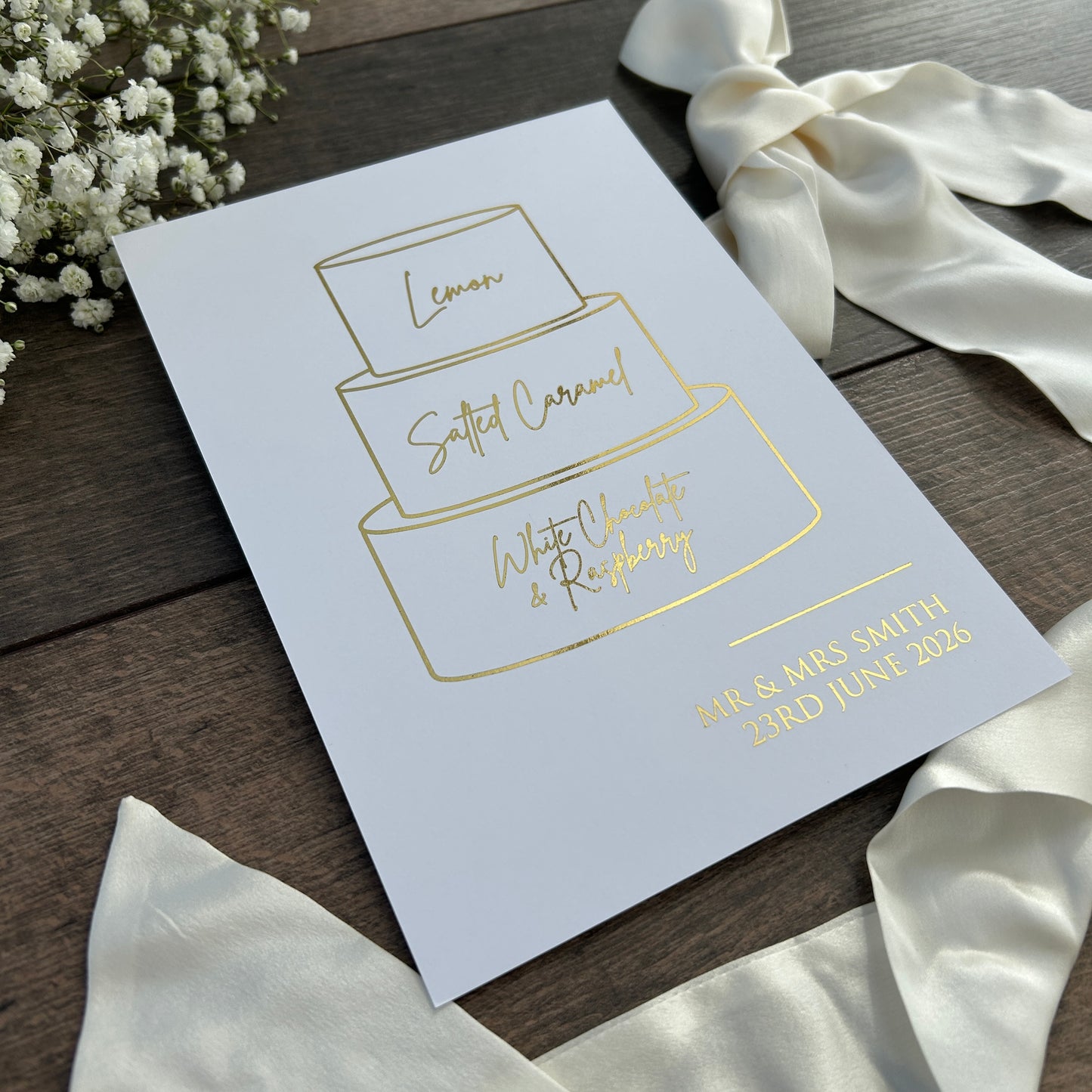 Wedding Cake Foiled Sign with Personalised Flavours / Style Eva