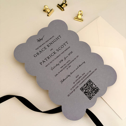 Gray scalloped wedding invitation with black text and QR code.