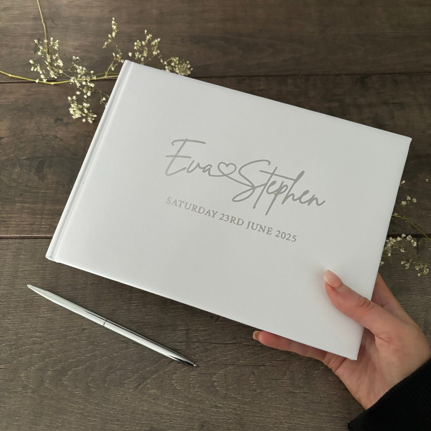 EVA - Silver worded metallic guest book *with FREE pen*