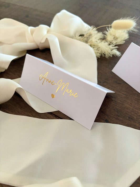 Folded Wedding Place Cards – Romantic Foil Design italic font with Heart Motif
