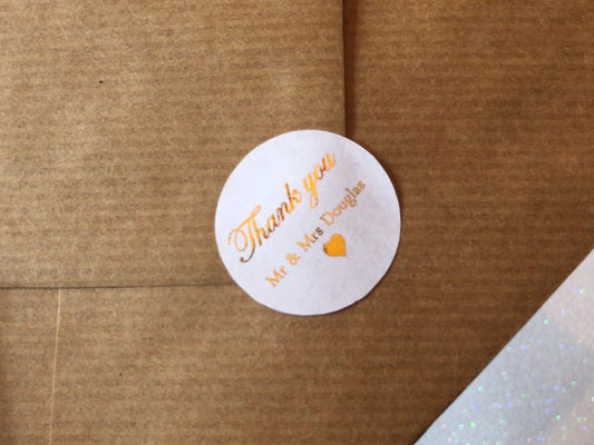 Italic font with heart personalised foiled thank you stickers