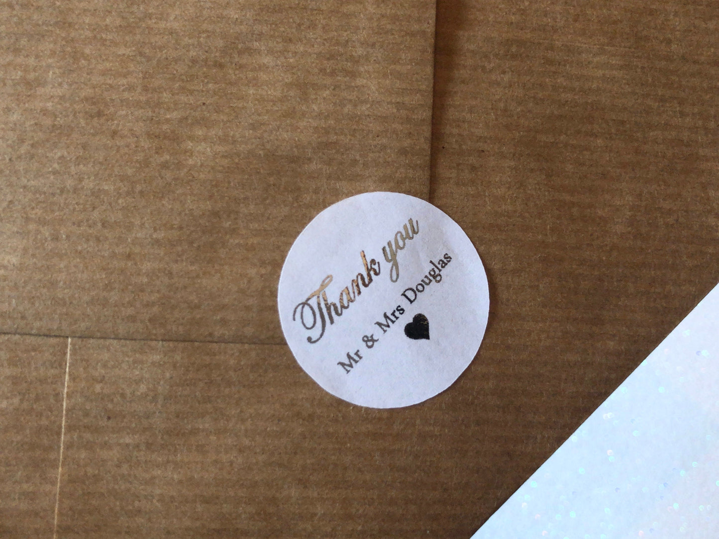 Italic font with heart personalised foiled thank you stickers