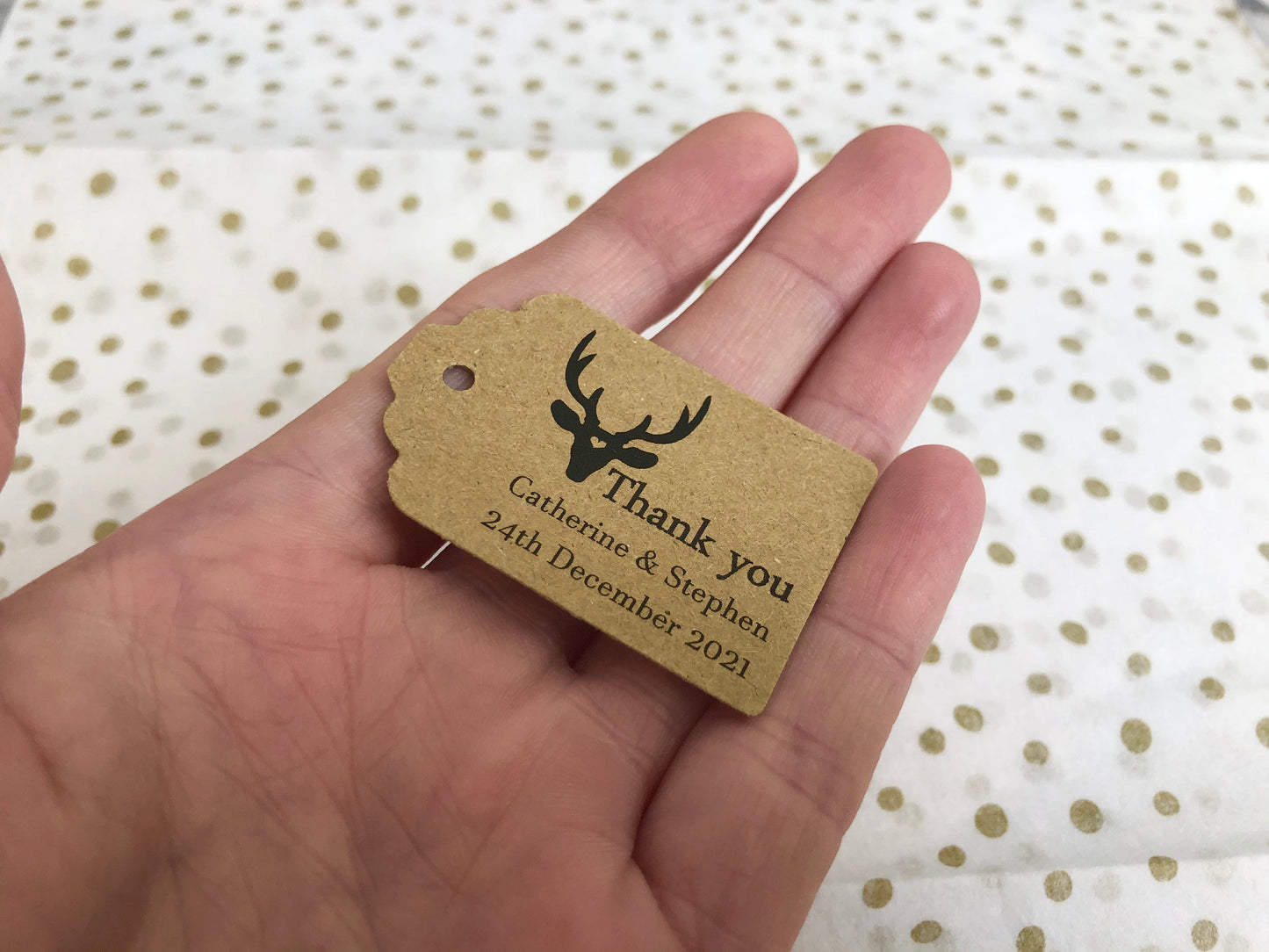 Rustic stag heart and rectangular black print personalised thank you tags