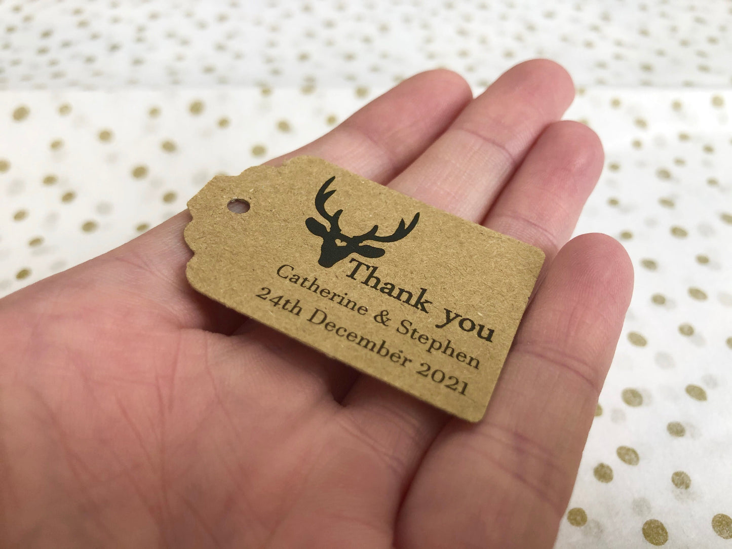 Rustic stag heart and rectangular black print personalised thank you tags