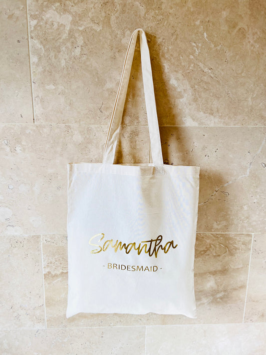 Wedding Personalised Tote Bag, Bridesmaid Bags, Custom Name Bags, Foiled gold or silver wording, Bridesmaid Tote
