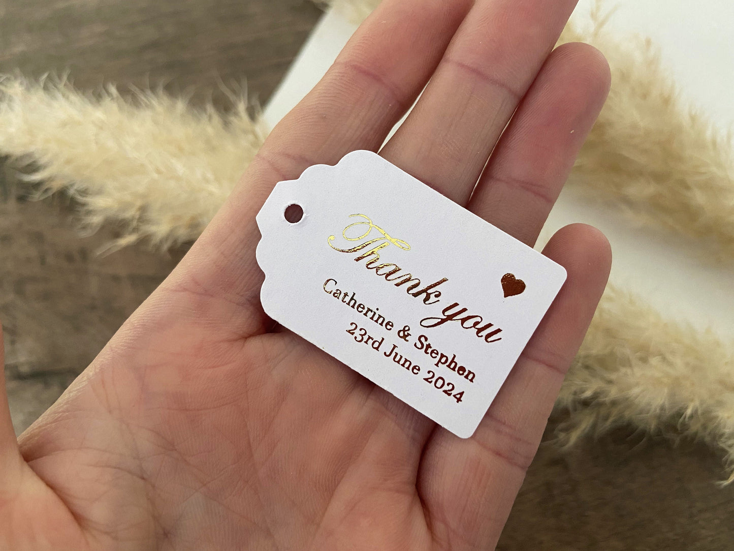 Personalised italic font with heart rectangular foiled thank you tags