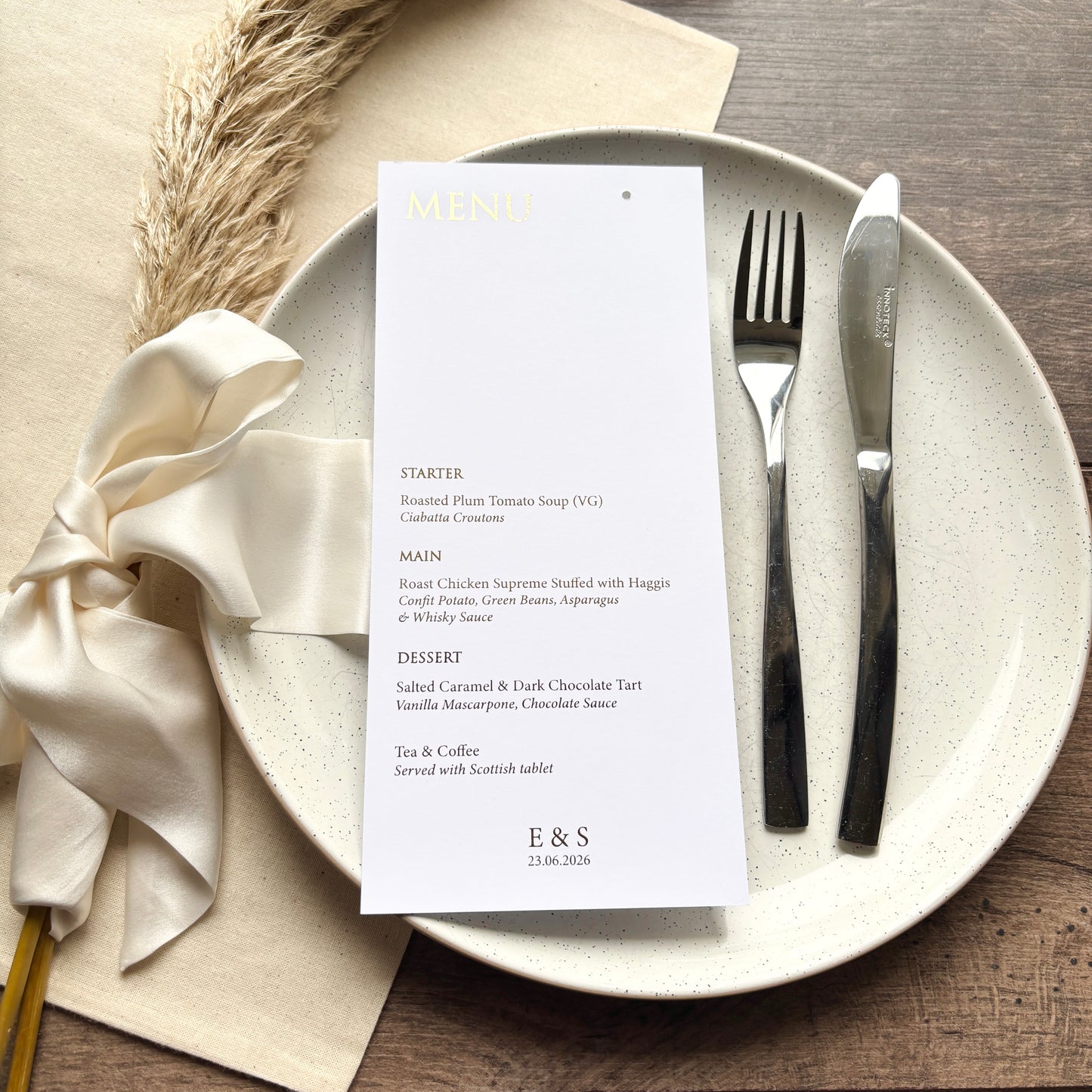 EVA - Foiled Menu Cards with Hole (with option of place card and ribbon add on)