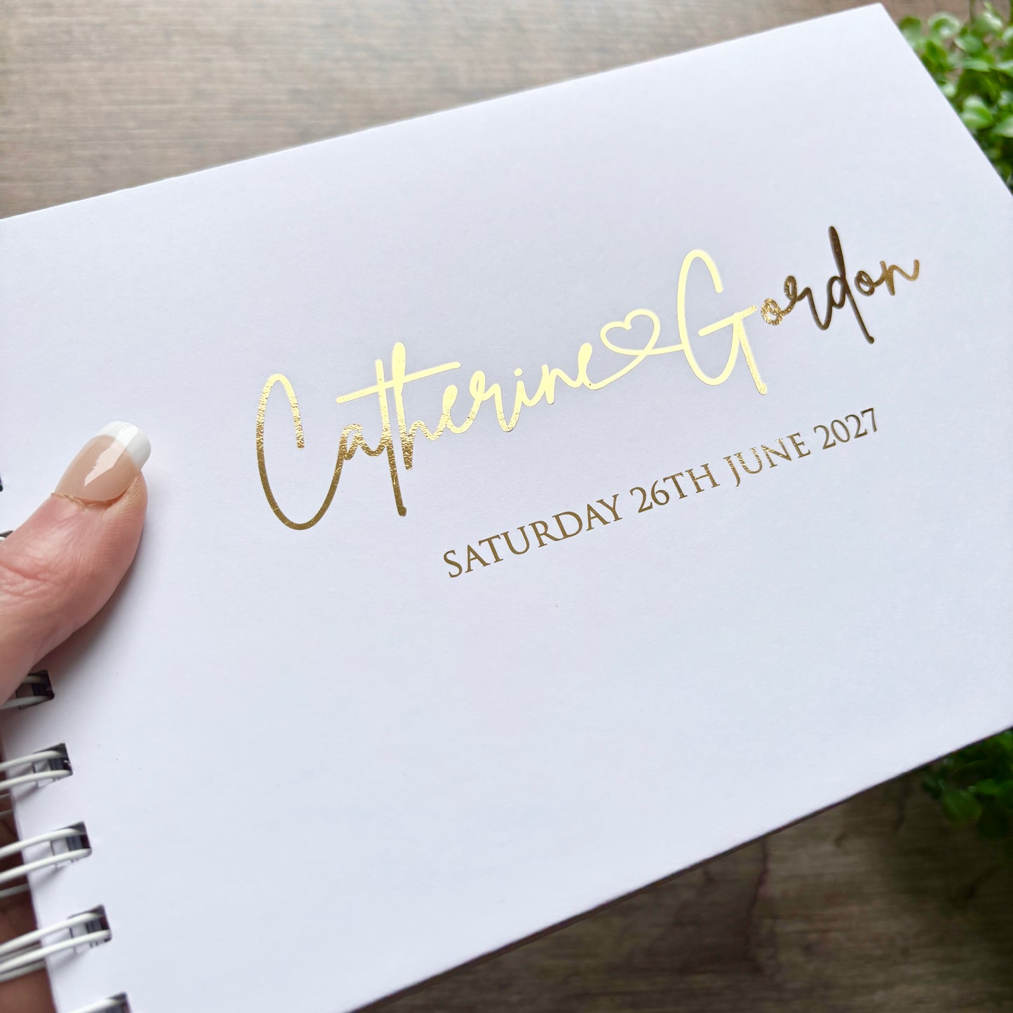 Foiled Personalised White Wedding Guest Book with Heart & Names / Eva