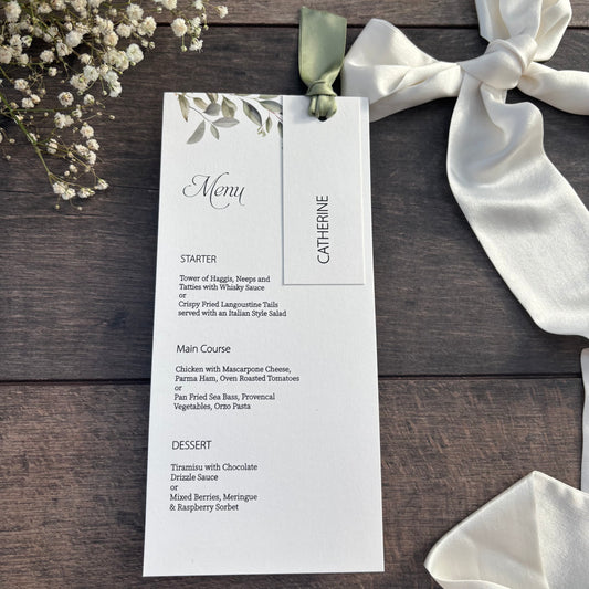Menu Cards with Botanical Desing, Hole & Option of Place Card and Ribbon / Style Fiona