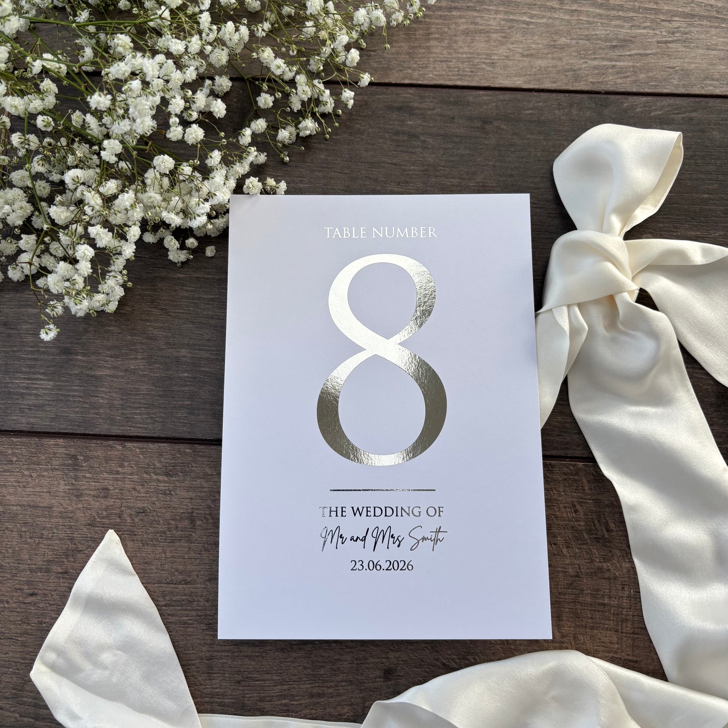 Foiled Wedding Table Numbers - Personalised with Couple's Names and Date / Style Eva