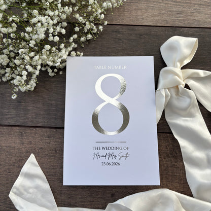 Foiled Wedding Table Numbers - Personalised with Couple's Names and Date / Style Eva