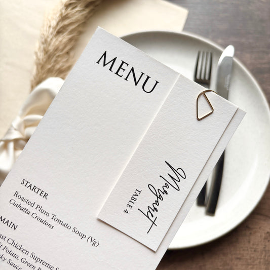 Printed Wedding Menu with Place Card and Clip option / Style Eva
