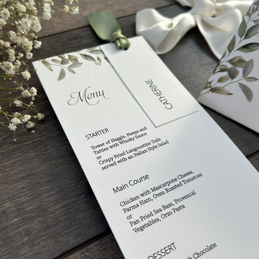 Menu Cards with Botanical Design, Hole & Option of Place Card and Ribbon / Style Fiona