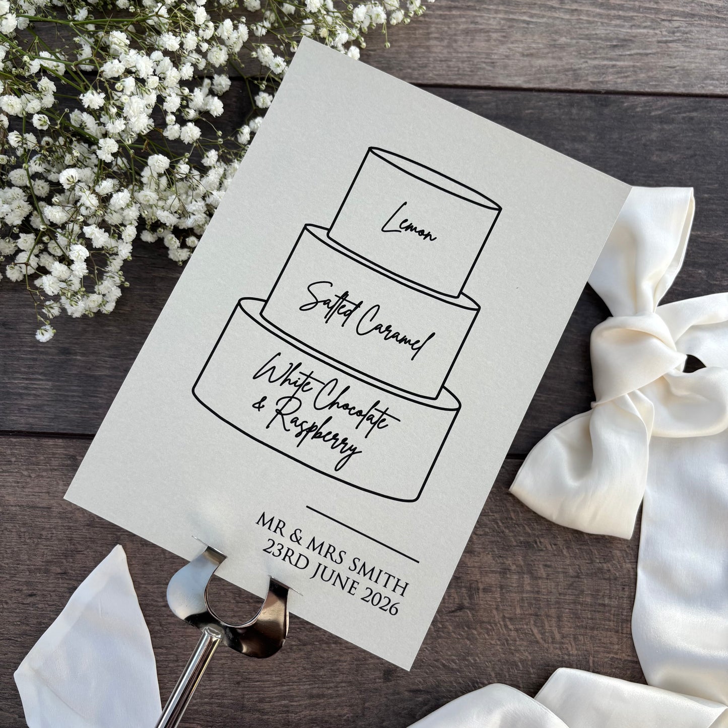 Wedding Cake Printed Sign with Personalised Flavours / Style Eva