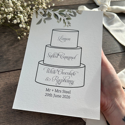 Wedding Cake Printed Sign with Personalised Flavours / botanical sign / Style Fiona