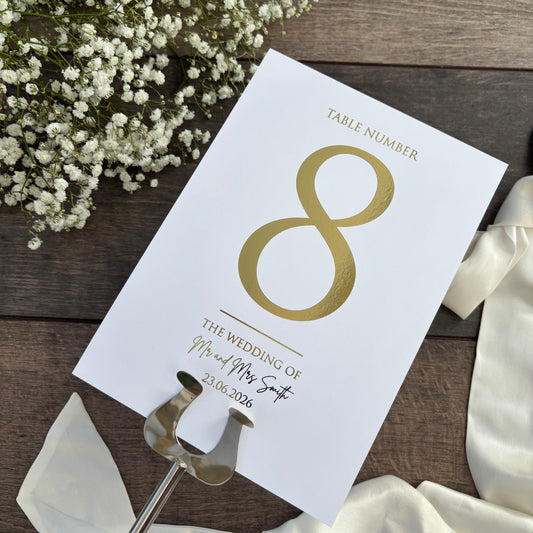 Foiled Wedding Table Numbers - Personalised with Couple's Names and Date / Style Eva