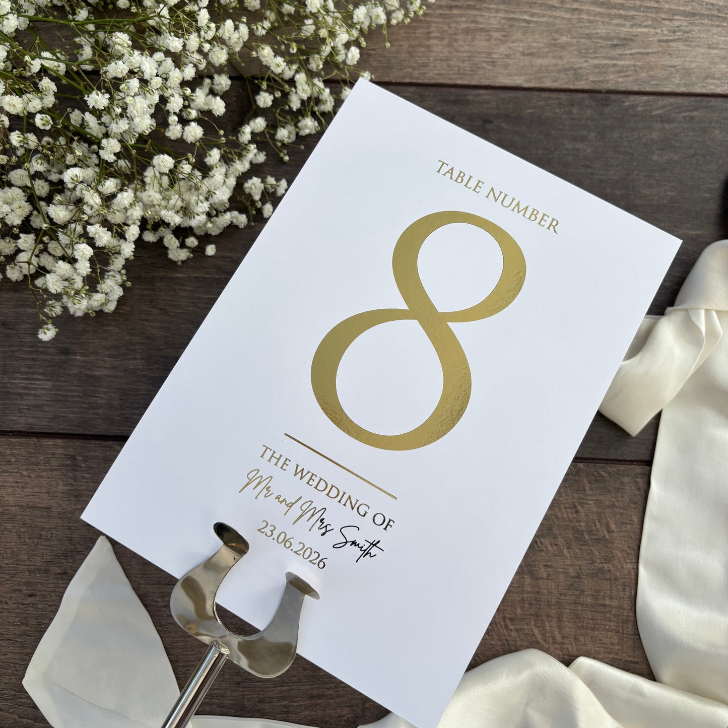 Foiled Wedding Table Numbers - Personalised with Couple's Names and Date / Style Eva