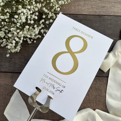 Foiled Wedding Table Numbers - Personalised with Couple's Names and Date / Style Eva