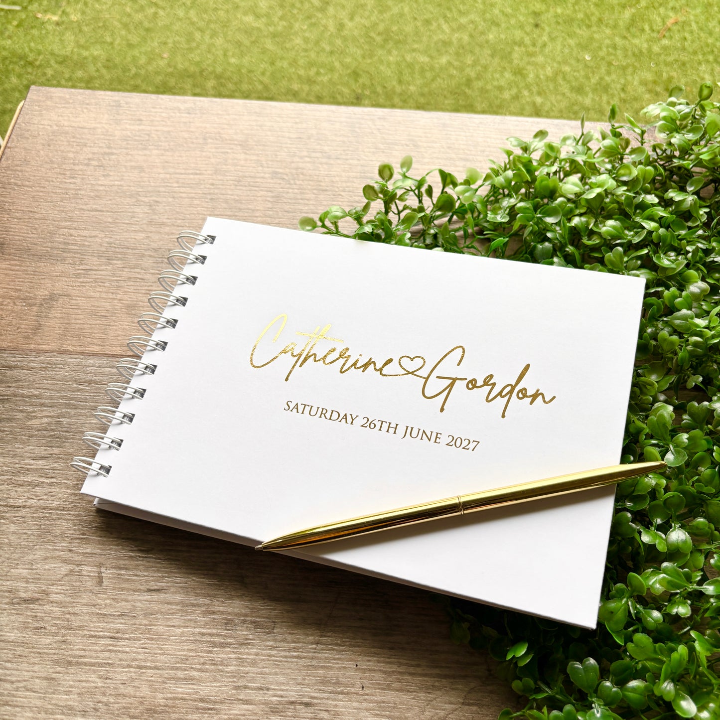 Foiled Personalised White Wedding Guest Book with Heart & Names / Eva