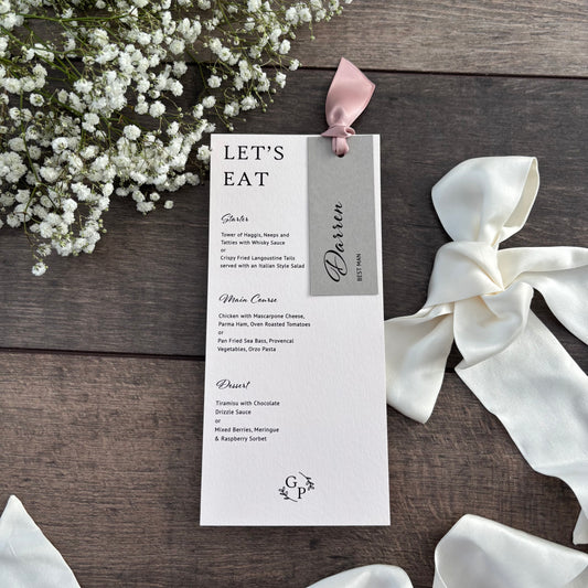 Menu Cards with Hole & Option of Place Card and Ribbon / Style Grace