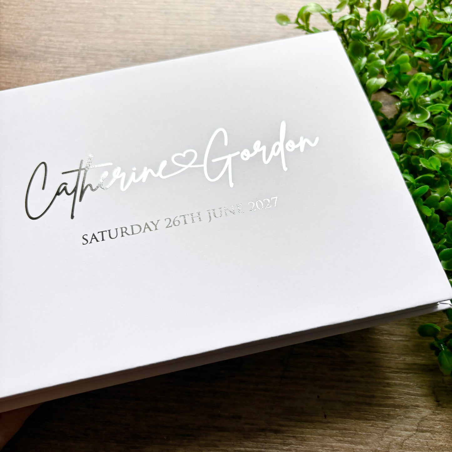 Foiled Personalised White Wedding Guest Book with Heart & Names / Eva