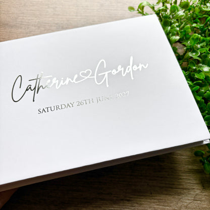 Foiled Personalised White Wedding Guest Book with Heart & Names / Eva