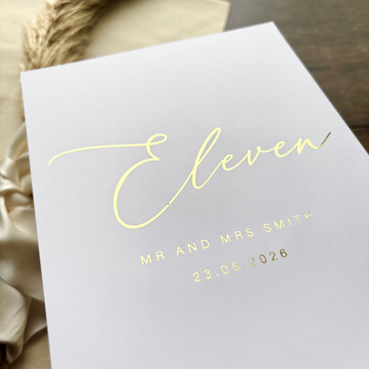 Foiled Wedding Table Numbers – Personalised with Couple’s Names and Date / Style Ari