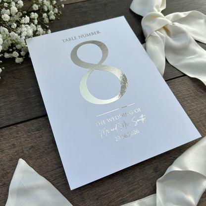 Foiled Wedding Table Numbers - Personalised with Couple's Names and Date / Style Eva