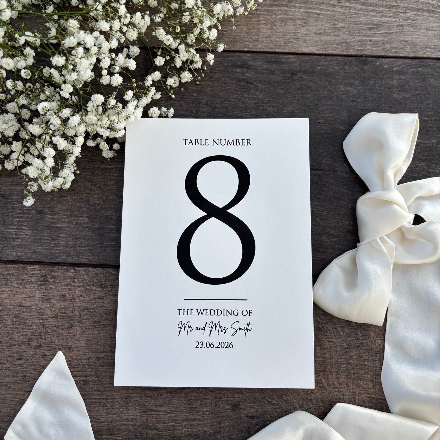 Wedding Table Numbers Printed Sign - Personalised with Couple's Names and Date / Style Eva