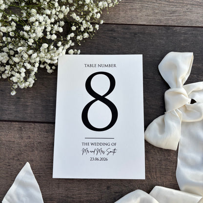 Wedding Table Numbers Printed Sign - Personalised with Couple's Names and Date / Style Eva