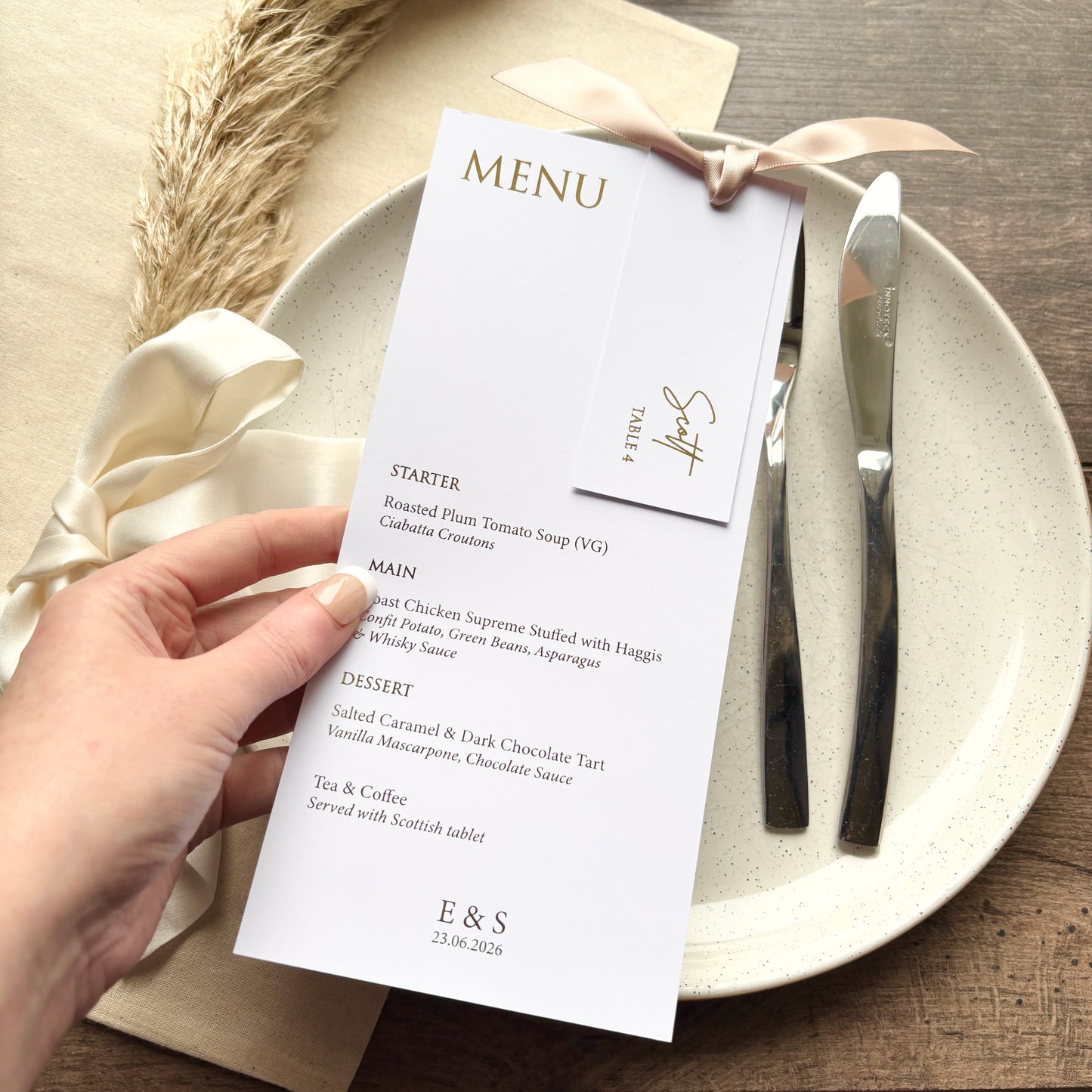 EVA - Foiled Menu Cards with Hole (with option of place card and ribbon add on)