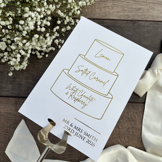 Wedding Cake Foiled Sign with Personalised Flavours / Style Eva