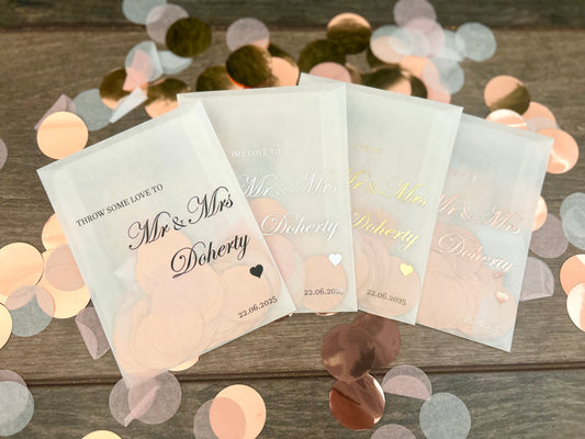 Throw some love italic font black print personalised confetti bags