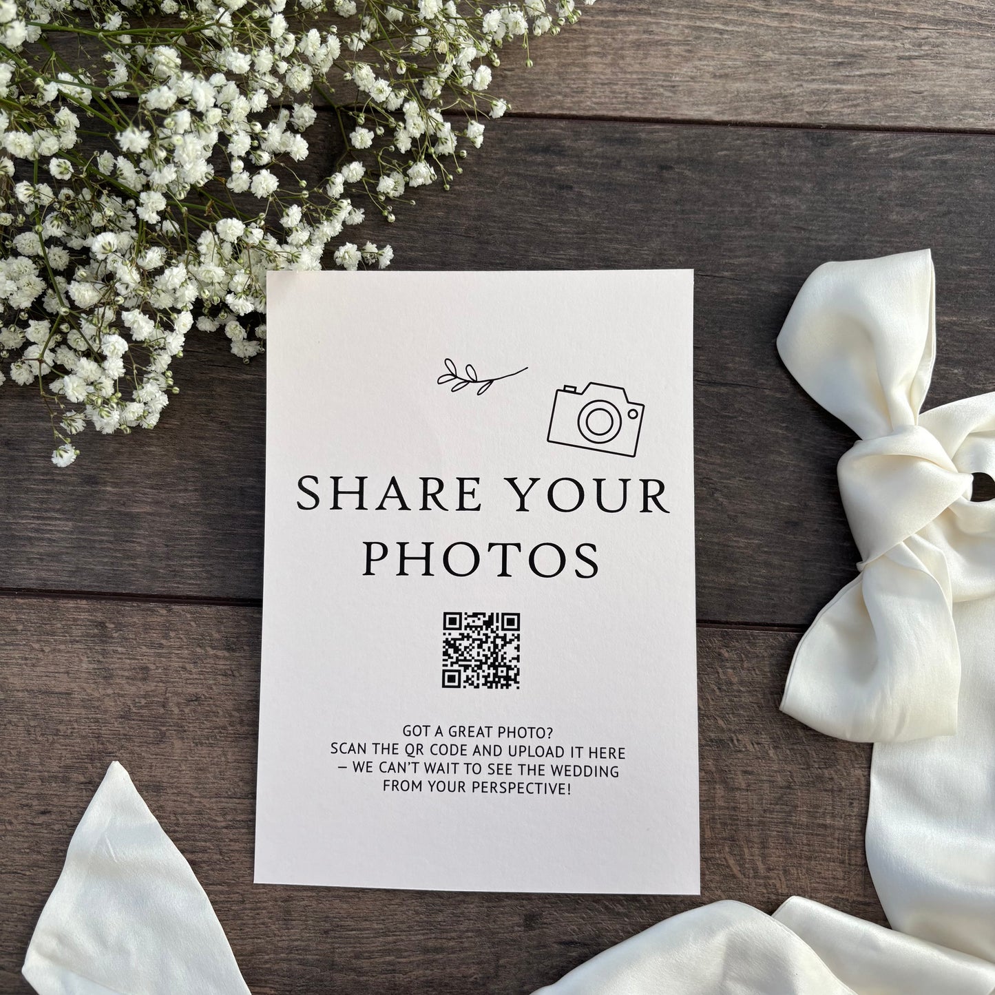 Share your Photos  Wedding Printed Sign with QR Code / Style Grace
