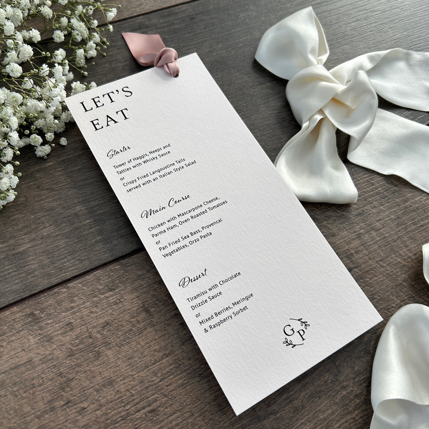 Menu Cards with Hole & Option of Place Card and Ribbon / Style Grace